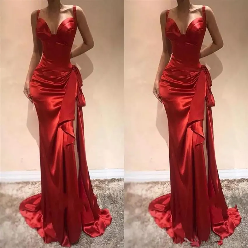 Eleganta röda långa klänningar 2021 Sweetheart Mermaid Formal Prom Dress with Slit Sweep Train Dragkedja Sidan Split kvällsklänningar S299Y