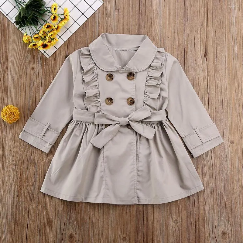 Coat 2-7y Toddler Girls Casual Trench Solid Long Sleeve Lapel Windbreaker Double Breasted Ruffle Spring Autumn Outwear