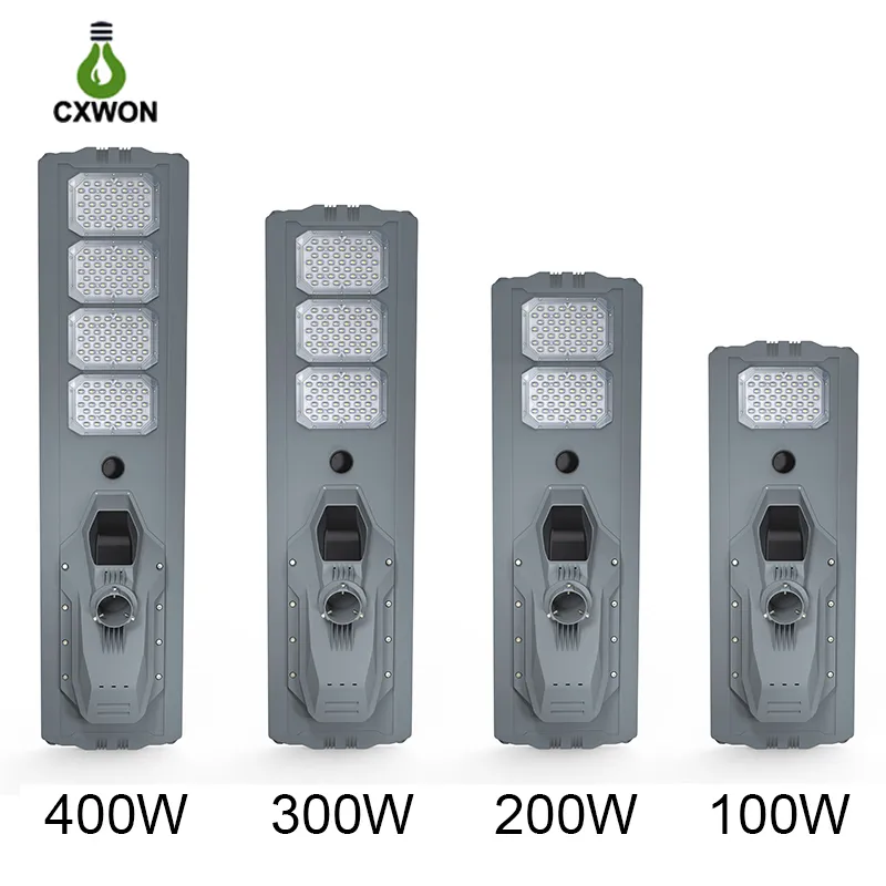 100W 200W 300W 400W 태양 거리 조명 LED 주차 로트 조명 MPPT 원격 12000lm 방수 IP65 상업 지역 홍수 조명이있는 태양열 충전 레이더 센서