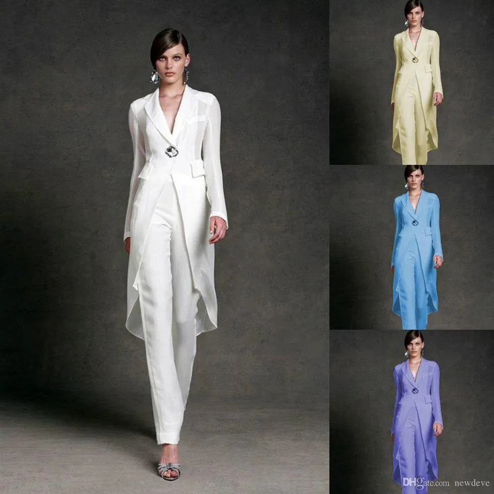 Jumpsuits 2019 Moeder van de Bruid Jurken V-hals Broek Past Bruiloft Gast Toga Met Jassen Lange Mouwen Chiffon Moeders Bruidegom Dr289t