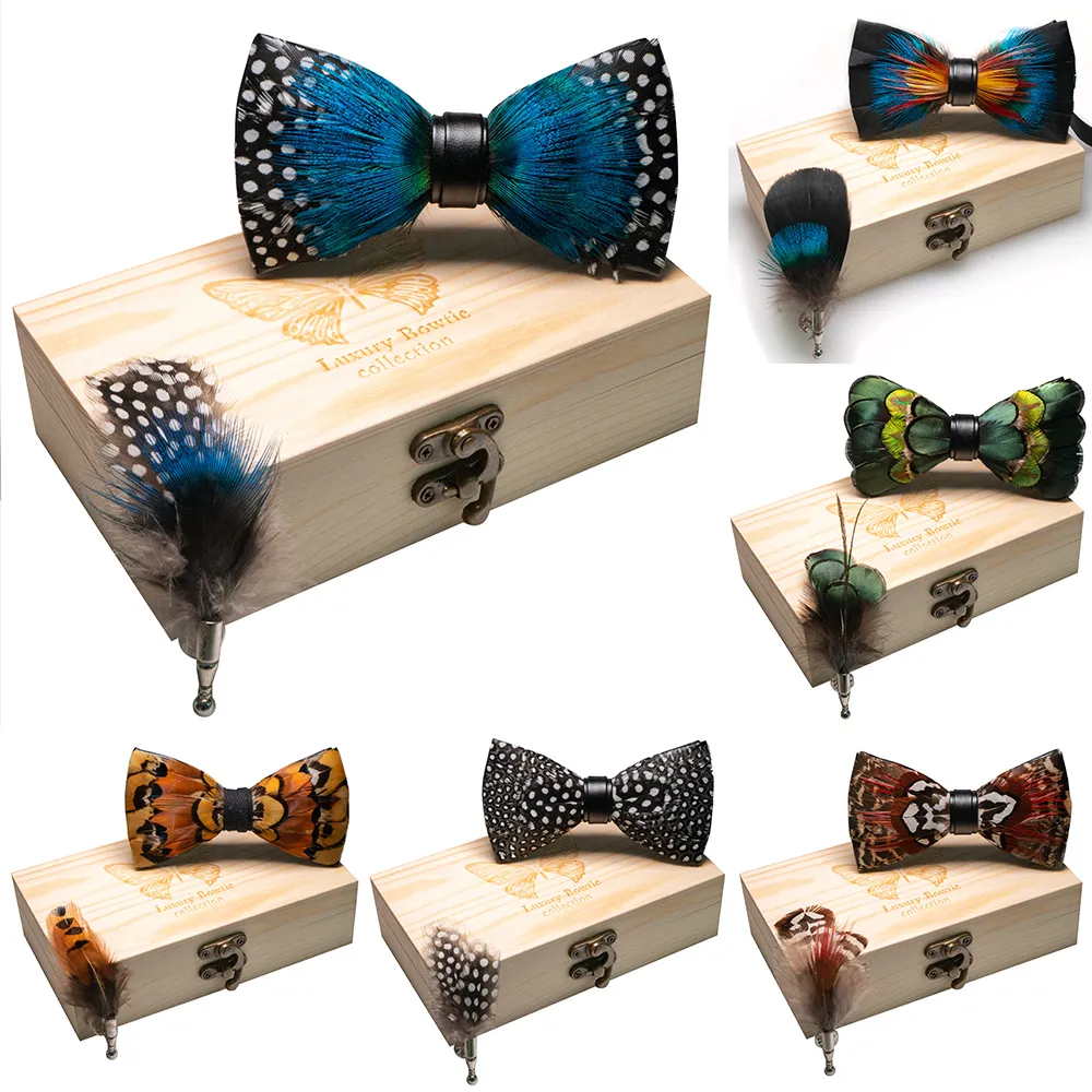 Neck Ties JEMYGINS Original Design Bow tie Natural Feather Exquisite Hand Made Men Luxury Bow Tie Wooden Gift Box Set Wedding party 230719