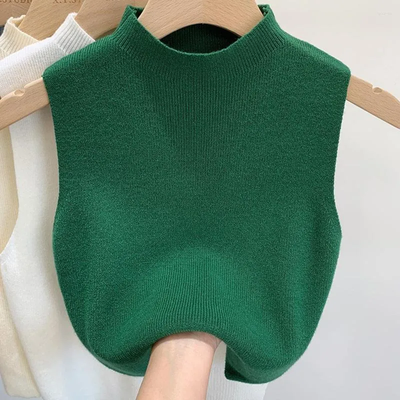 Serbatoi da donna Canotte lavorate a maglia estive Canotte da donna Crop Ragazze Casual Canotta sportiva Canotta con spalle scoperte Collo alto verde Top a costine