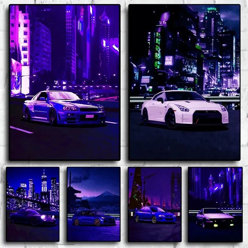Blue Neon Skyline R34 GTR R35 AE86 Race Cars Affiches Toile Peinture Ville Paysage Image et Impressions Art Mur pour Salon Home Decor w06
