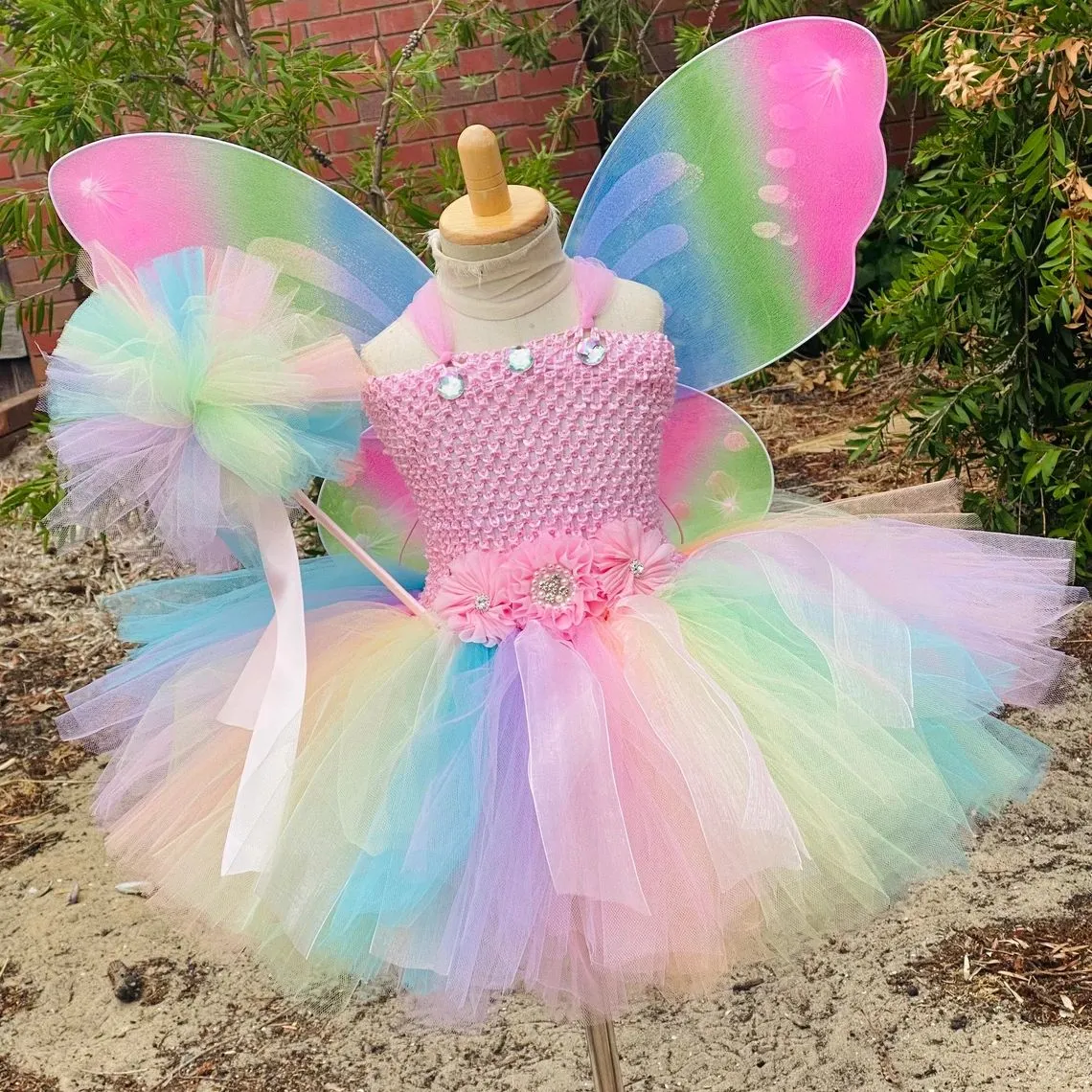 Meisjes Pastel Vlinder Fee Jurk Kids Bloem Tutu Jurken met Wing en Stick Hairbow Outfit Kinderen Verjaardagsfeestje Kostuums