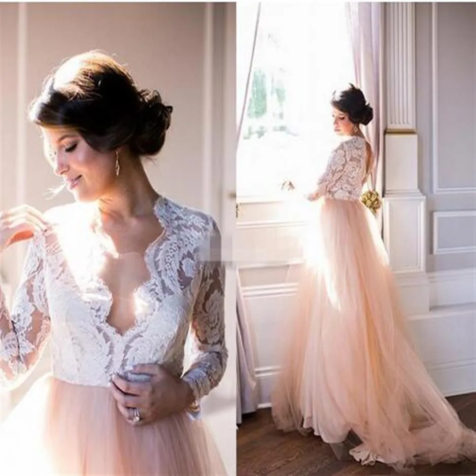 Champagne Et Blanc Robes De Mariée A-ligne 2019 Dentelle Illusion À Manches Longues Carré Dos Ouvert Empire Taille Robe De Mariée Robes De Mariée321o