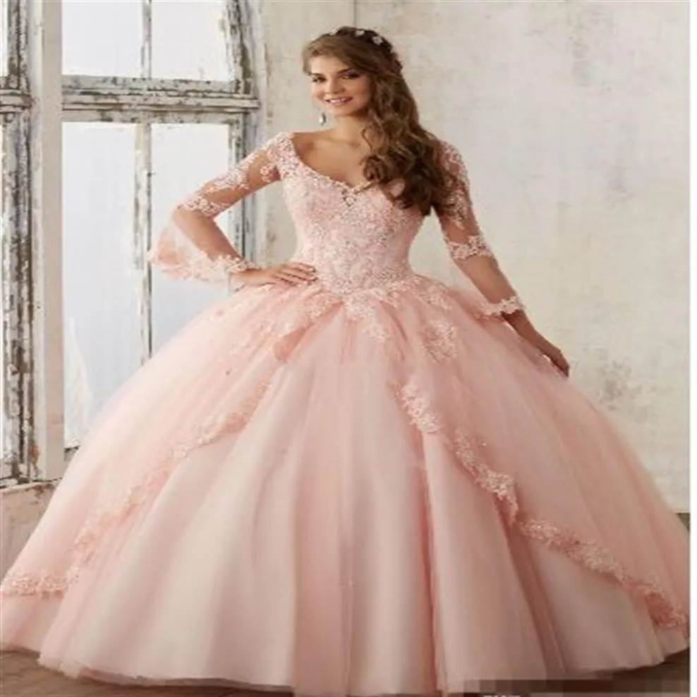 Baby Roze Quinceanera Jurken Kant Lange Mouwen V-hals Geappliceerd Bal Jurken Sweet 16 Prinses Pageant Jurk Voor Girls281a