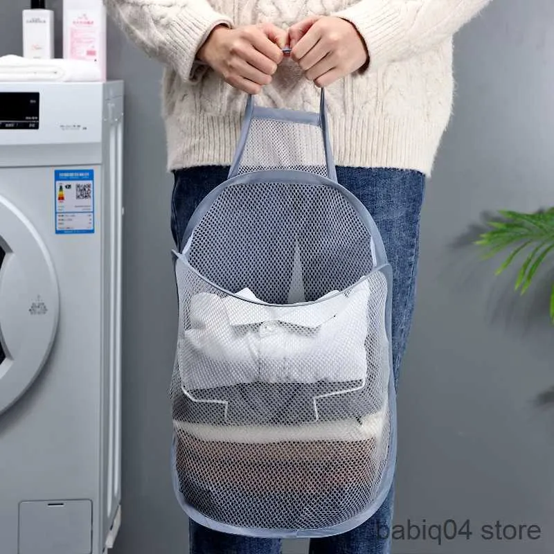 Opbergmanden Nieuwe Opvouwbare Wasmand Draagbare Opbergtas Vuile Kleren Badkamer Kleding Mesh Opbergtas Thuis Muur Opknoping Mand Emmer R230720