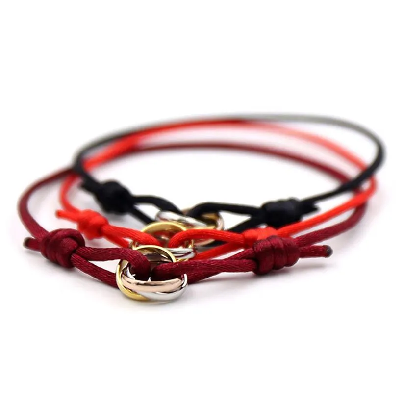 Bracciale in corda rossa con chiusura in acciaio inossidabile 316L con anello placcato in tre colori per gioielli moda donna e uomo 207B