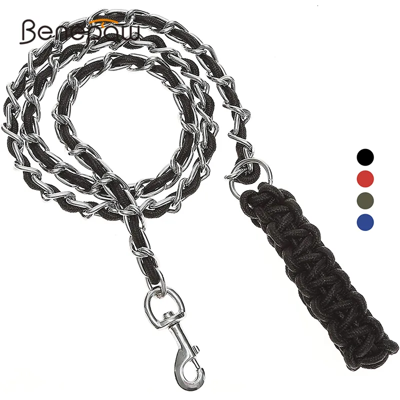 Colliers pour chiens Laisses Benepaw Chaîne en métal robuste Laisse en nylon souple anti-morsure Poignée tressée Laisse pour animaux de compagnie Corde d'entraînement pour chiens de taille moyenne 230720