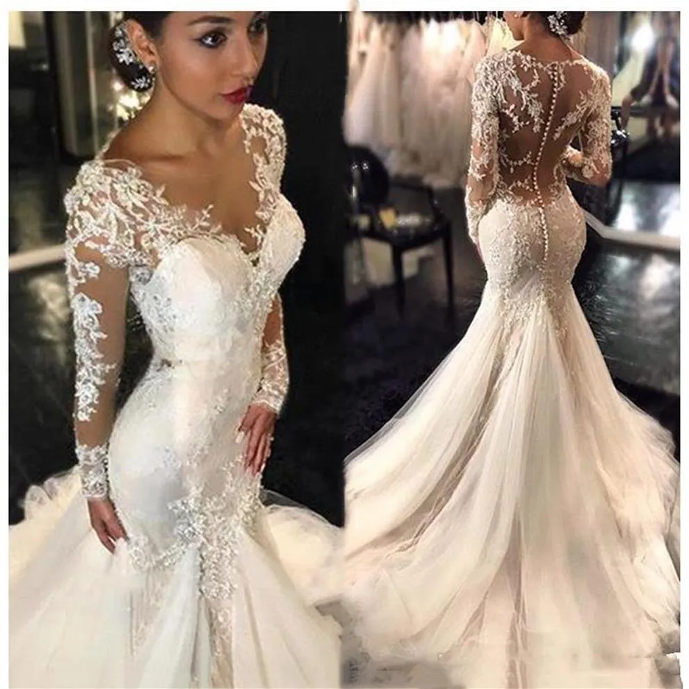 2020 Gorgeous spets sjöjungfru bröllopsklänningar Dubai afrikansk arabisk stil petite långa ärmar fisktail skräddarsydda brudklänningar med B261p