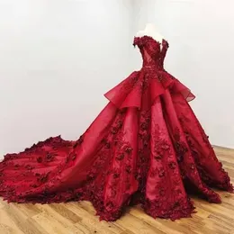 Burgundy Luxurious Off Shoulder Ball Gown Evening Dresses Lace Applique Beading Flower Prom Evening Dresses Custom Made Formal Par290K