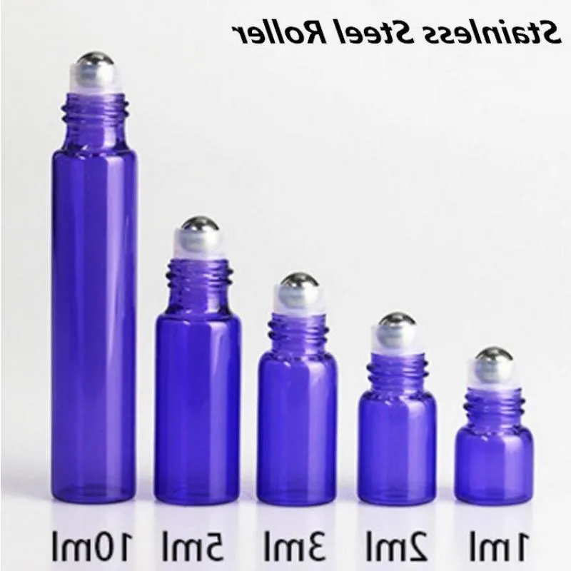 Purple 1ml 2ml 3ml 5ml 10ml ROLL ON Fragrance PERFUME GLASS BOTTLES ESSENTIAL OIL Bottle Steel Metal Roller ball by DHL Free Shipping Tblar