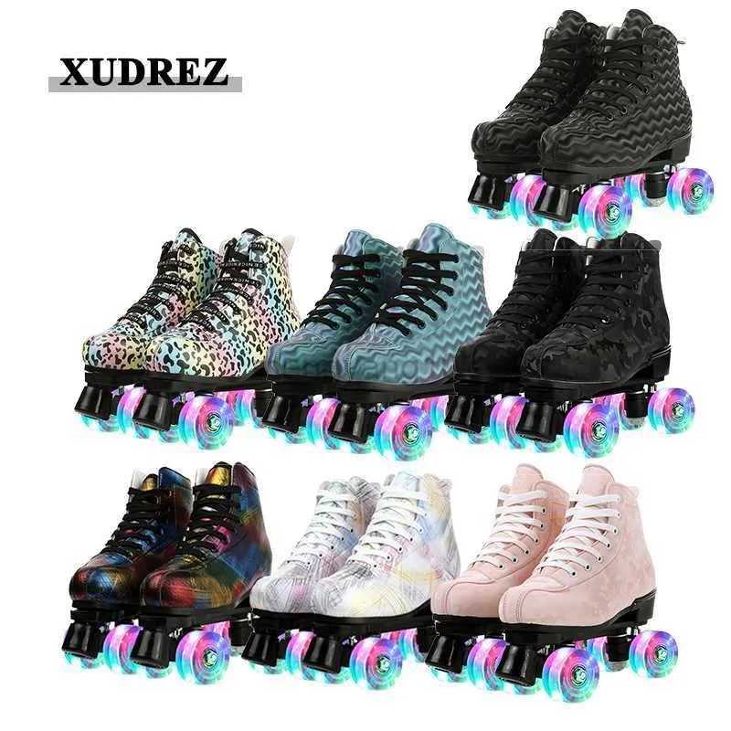 Inline Roller Skates 2021 Roller Skates Shoes Skating Flash Pu Wheel Brake Patines Artificial Leather Adult Double Row Woman Man Roller Shoes Patins HKD230720