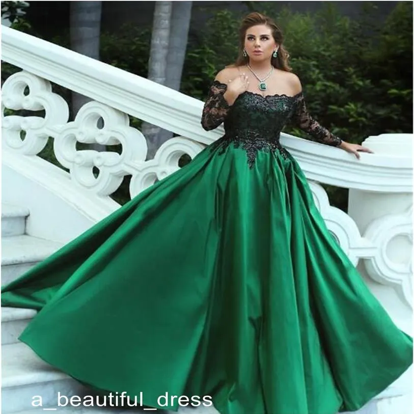 Schulterfreies Ballkleid für Damen, Quinceanera-Kleider, Jägergrün mit schwarzen Applikationen, Pailletten, Abendkleid mit langen Ärmeln, Abendkleid ED249B