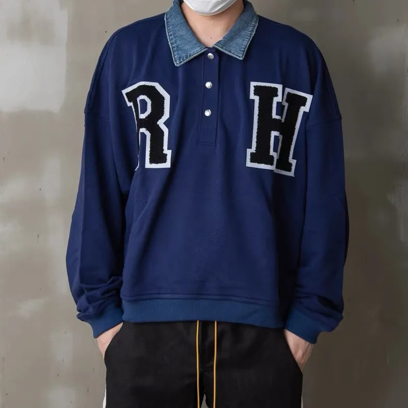 Usa Man Rhude lettre brodée col en jean patchwork revers à capuche Pull recadrée hommes lâche noir bleu