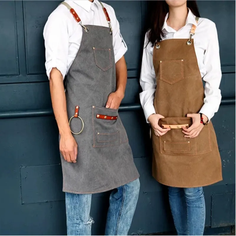 قطع Cape Women Men Canvas Bib Leather Chef Kitchen Apron Barista Bartender Pockets Apron Home Ambon Barber Coffee Restaurant Pinafore 230719