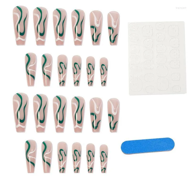 False Nails Green Wave Long Coffin Fake 24pcs Ballerina With Pattern Glue On Shiny Nail Tips For Women And