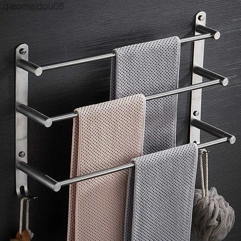 Bathroom Towel Holder Stainless Steel Retractable Toilet Room Rod Simplicity Wall Mounted Bath Multi Layer Rack With Hook Tool L230704