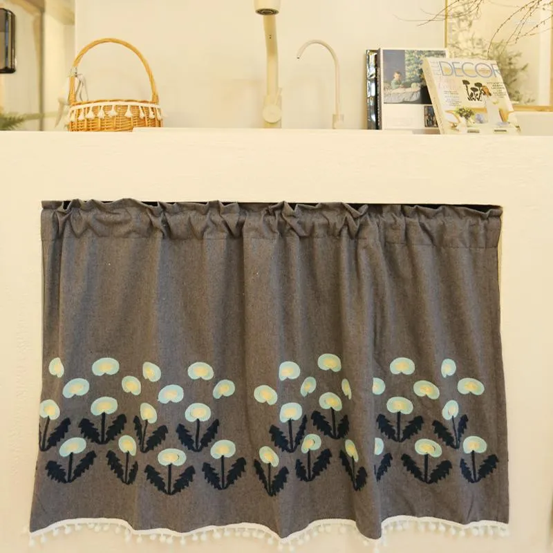 カーテングレーカラーキッチンウールの生地刺繍小さな窓リビングルーム牧歌的なドレープの家の装飾のための短いカーテン