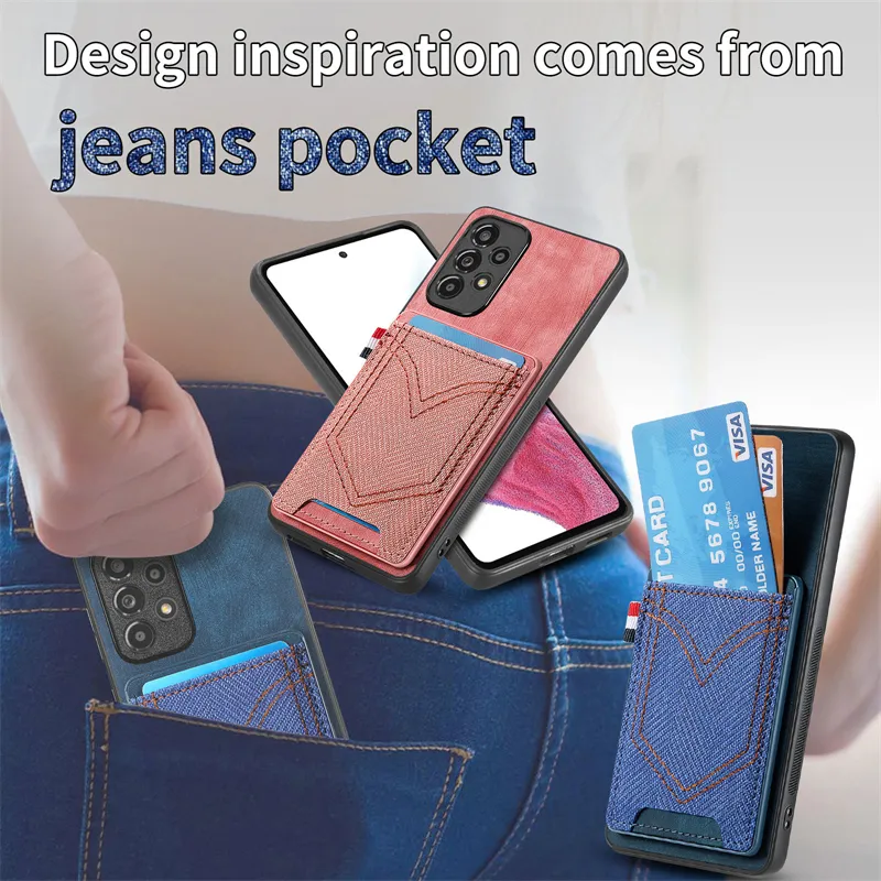 Jeans Tasche Design Shell für Samsung Galaxy M53 M33 A33 A04e A34 A54 A14 A04 A71 A51 A53 A12 A13 magnetische Karte Slot Brieftasche Telefon Fall