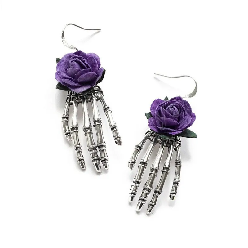 Mode crâne main boucles d'oreilles femmes mode créatif gothique alliage rouge Rose fleurs boucles d'oreilles Halloween fête bijoux cadeaux