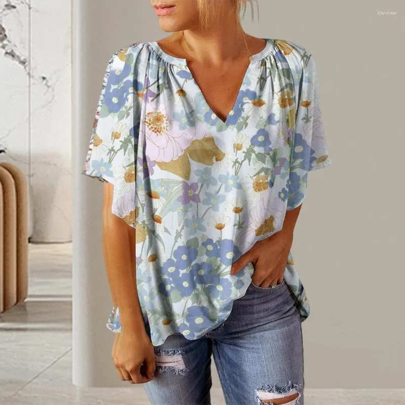 Blusas femininas estampa floral com decote em V t-shirt elegante design plissado solto ajuste verão top para mulheres streetwear moda