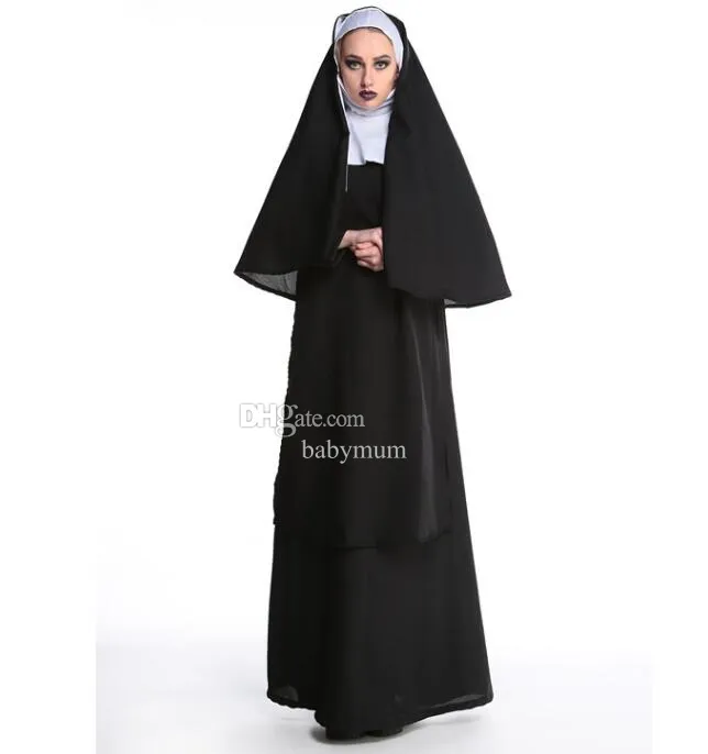 Halloween -kostuumkleding voor volwassenen Christian Nun Cosplay Cloak Black jurk Kaap Party Vintage kleding Festival Kostuum Priest Cape