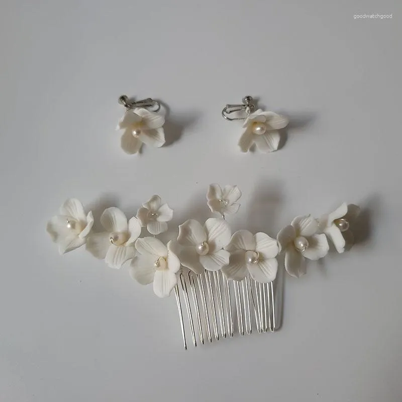 Hair Clips SLBRIDAL Handmade Alloy Rhinestones Ceram Flower Freshwater Pearls Bridal Comb Earring Wedding Accessory Women Jewelry