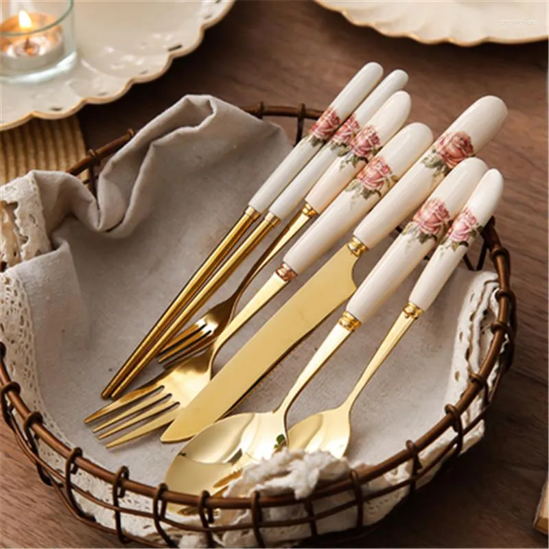 Dinnerware Sets 1PC Simple Flowers Pattern Ceramic Handle Stainless Steel Tableware Steak Dessert Family Fruit Fork Dining Set