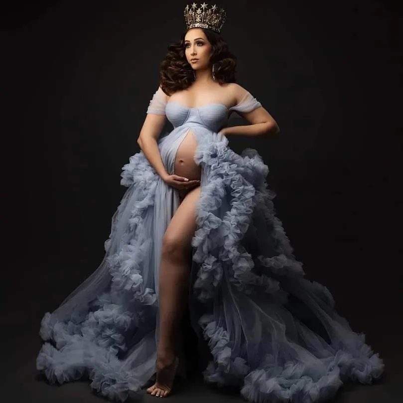 Vestidos de graduación de tul para novia azul, vestido de maternidad para Poshoot, túnicas con volantes adicionales, ropa de maternidad, división frontal, Babyshower personalizado M276z