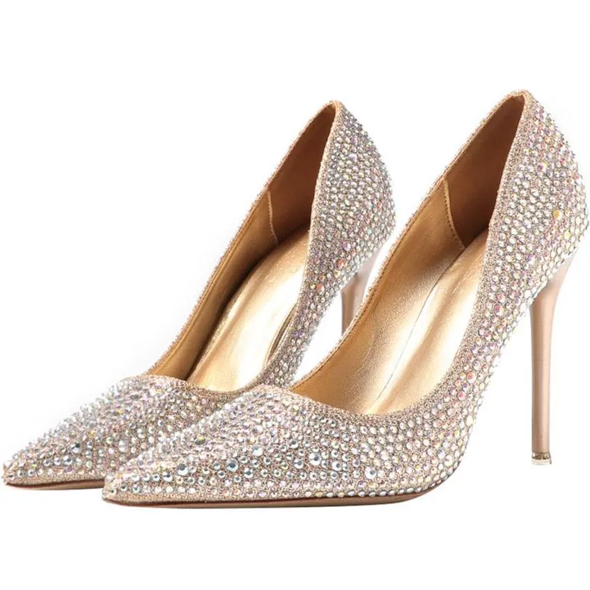 Luxury Gold Silver Crystal Women Designer Shoes High Heels Fashion Bling Bridal Shoes Point Toe For Wedding Real Picture Ladies 291d