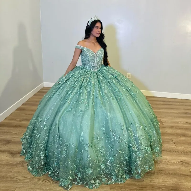 Luksusowe błyszczące mennica zielony z ramiączki Quinceanera Sukienki Aplikacja koronkowe vestidos de 15 anos przyjęcie urodzinowe