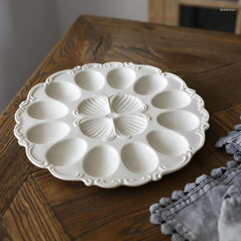 Plates Antique Carved Creamy Ceramic Tableware Kitchen Egg Tray