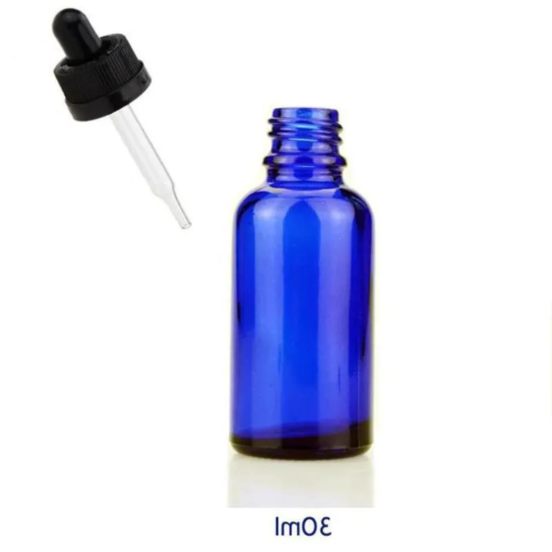 Tubo de pipeta y tapa a prueba de niños Frascos cuentagotas de vidrio azul 1OZ Vial de aceite esencial 30ml Cosmético E Contenedor de líquido Cqfte