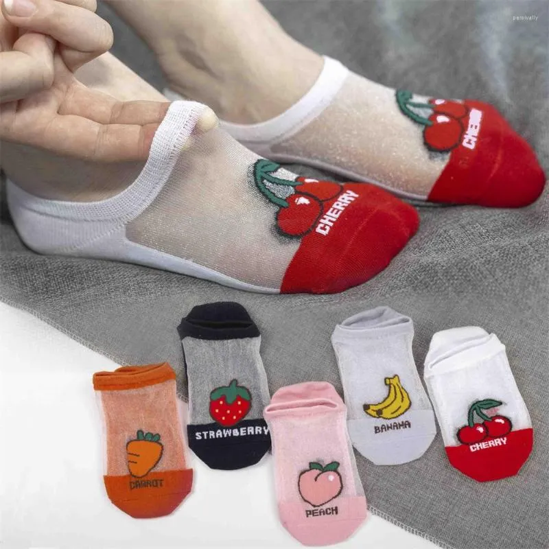 Women Socks 3 Pairs Silk For Invisible Thin Transparent Cute Fruit Gilrs Shallow Mouth Boat