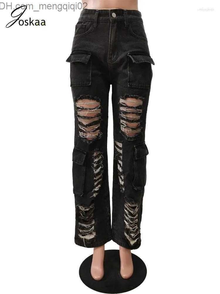 Jeans Feminino Jeans Feminino Joskaa Sólido Rasgado Feminino Casual Cintura Alta Multi-Bolsos Cargo Pants 2023 Fashion Flare Bottoms Feminino Streetwear Z230720