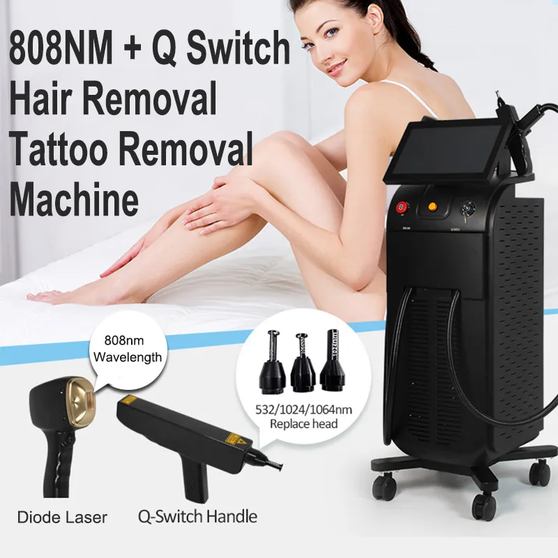 Verticaal 2 in 1 1064nm 1024nm 808nm 532nm diode laser ontharing nd yag laser tattoo verwijderingspigmentverwijderingsmachine voor salon