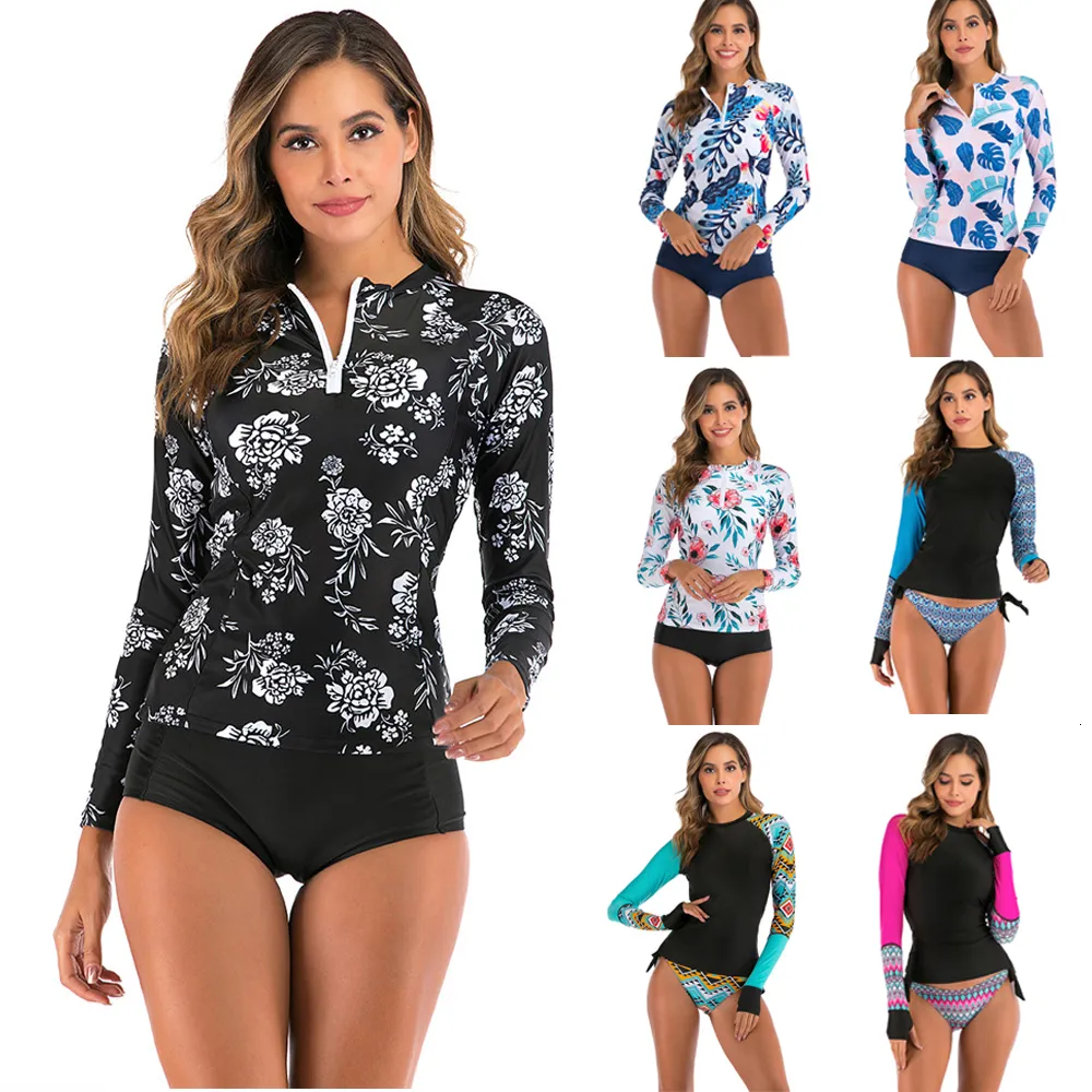 Other Sporting Goods Long Sleeve Rash Guard Women Print Swimwear Zipper Two Piece Surf Suit Patchwork Swimsuit High Neck Diving 2XL Bathing 230720