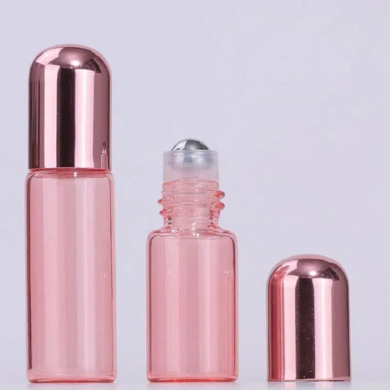 Vente chaude 1-5ml Vide Verre Parfum Roll On Bottles Rose Avec Roller Ball En Acier Inoxydable Et Le Plus Récent Cap Jfepa