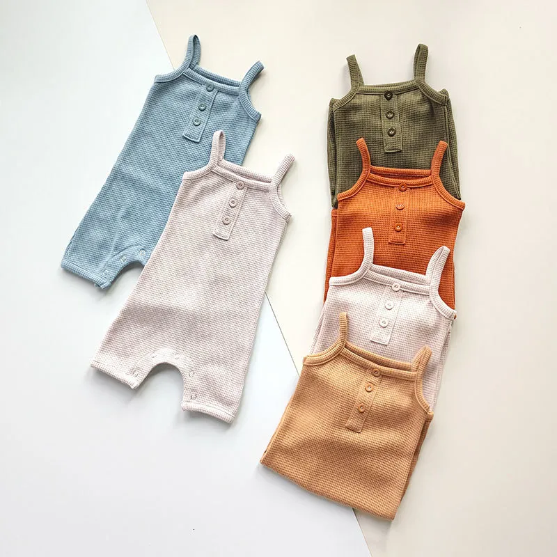 Barboteuses Bébé Bodys Barboteuses d'été Gaufre Coton né Bébés Combishorts Garçon et Filles Combinaisons Sans Manches Bébés Vêtements 0-18 Mois 230720