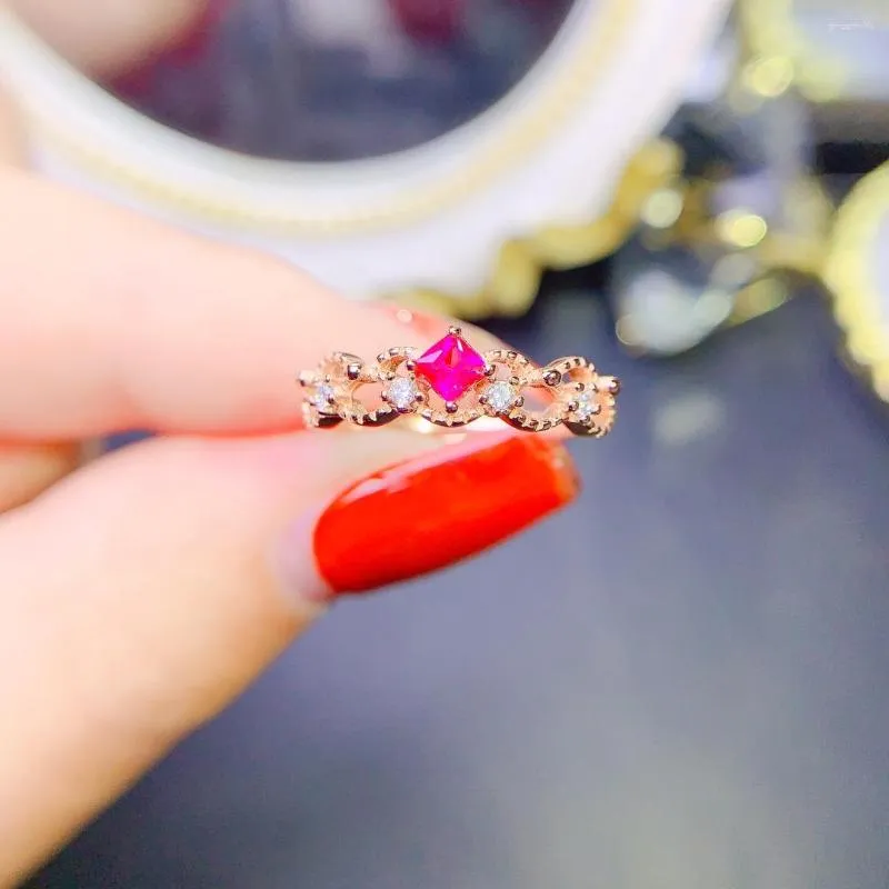 Cluster-Ringe, natürlicher Topas-Ring, 925er Silber, zertifiziert, quadratisch, 4 x 4 mm, rosa Edelstein, schönes Geschenk für Mädchen