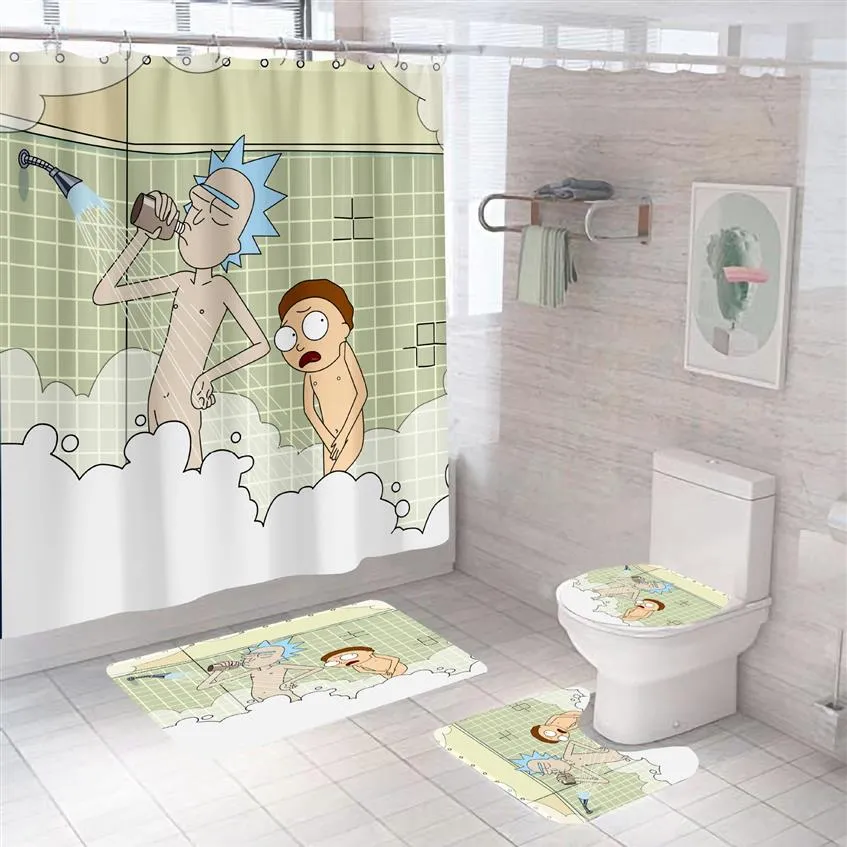 4 Pcs Salle De Bains Rideau De Douche Ensemble Étanche Sirène Dessin Animé Rideaux De Bain Style Européen Impression U Tapis De Sol Couverture 180X180CM To2971