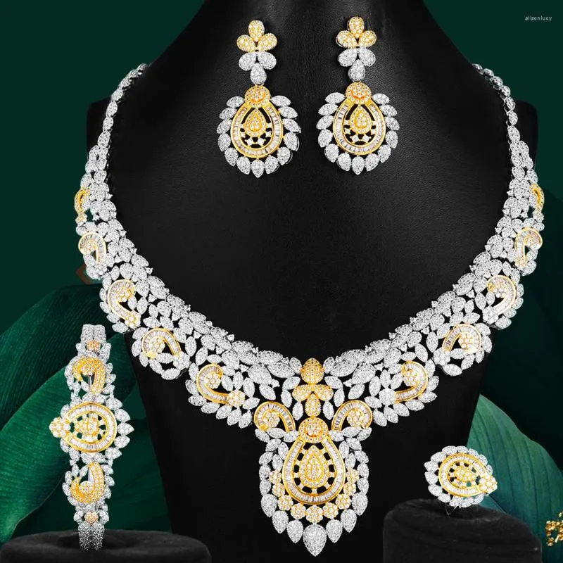 Naszyjnik Zestaw Missvikki Flower Leaf Luksus Kobiety Nigerian Wedding Naija Bride Cubic Zirconia Dubai 4pcs Dress Jewelry