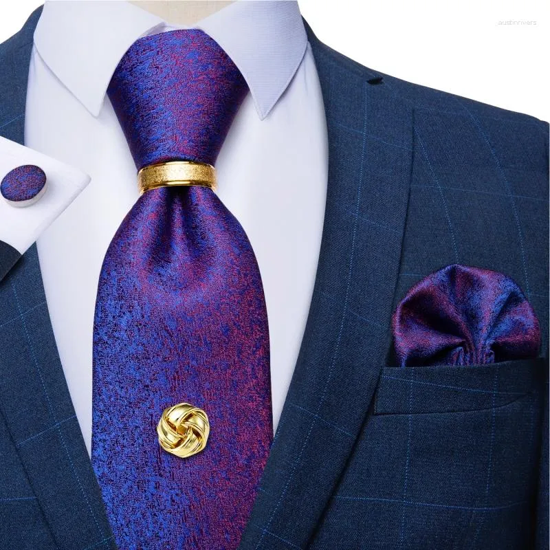 Bow Ties Purple Blue Red For Men Wedding Party Neck Tie Handkerchief Cufflinks Set With Luxury Ring Tack Chain