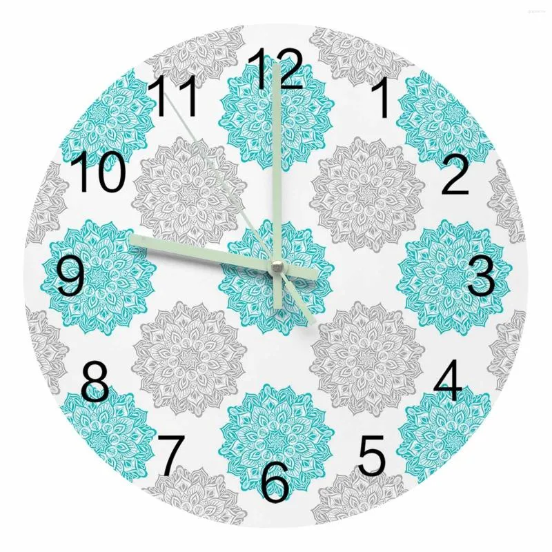 Orologi da parete Mandala Grigio Blu Texture Orologio puntatore luminoso Ornamenti per la casa Rotondo Silenzioso Soggiorno Camera da letto Arredamento per ufficio