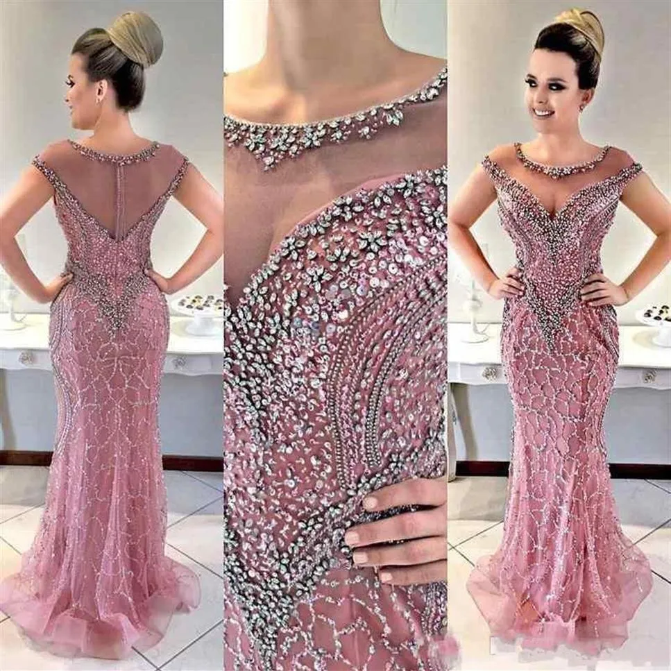 2020 Luxe Arabische Zeemeermin Avondjurken Juweel Kralen Kristal Illusie Kapmouwtjes Rits Terug Sweep Train Plus Size Prom Party353A