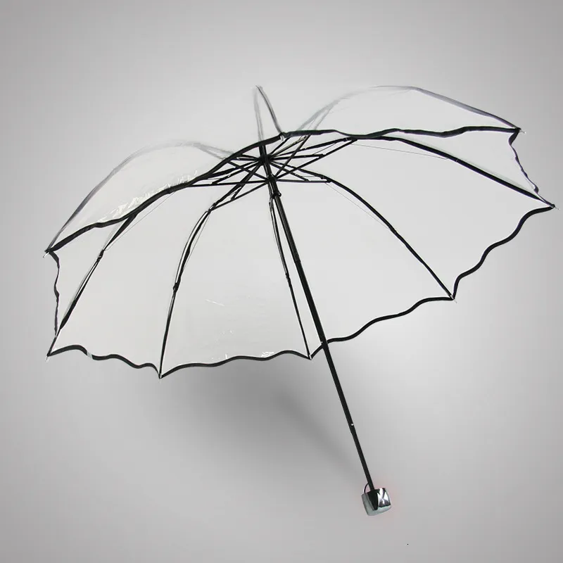 Guarda-chuvas elegante transparente dobrável guarda-chuva feminino grosso PVC transparente caminhadas guarda-chuva masculino preto viagem ao ar livre onda borda guarda-chuva 230719