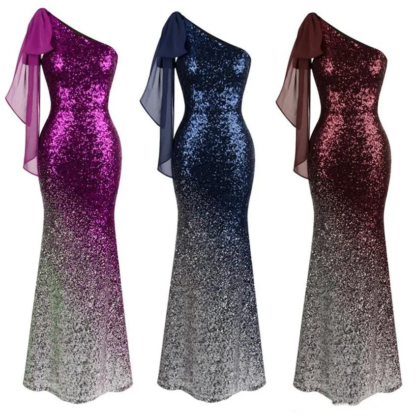 2019 Angel-Feashions Women's غير المتماثل الشريط التدريجي الترتر Mermaid Prom Dress Dress Viral Dress 281s
