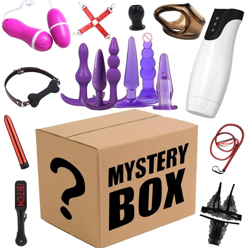 Giochi per adulti Scatola cieca Regalo misterioso fortunato Sorpresa Giocattoli sexy Oggetto casuale Vibratore Anello del pene Masturbatore Bavaglio Bondage Gear273j