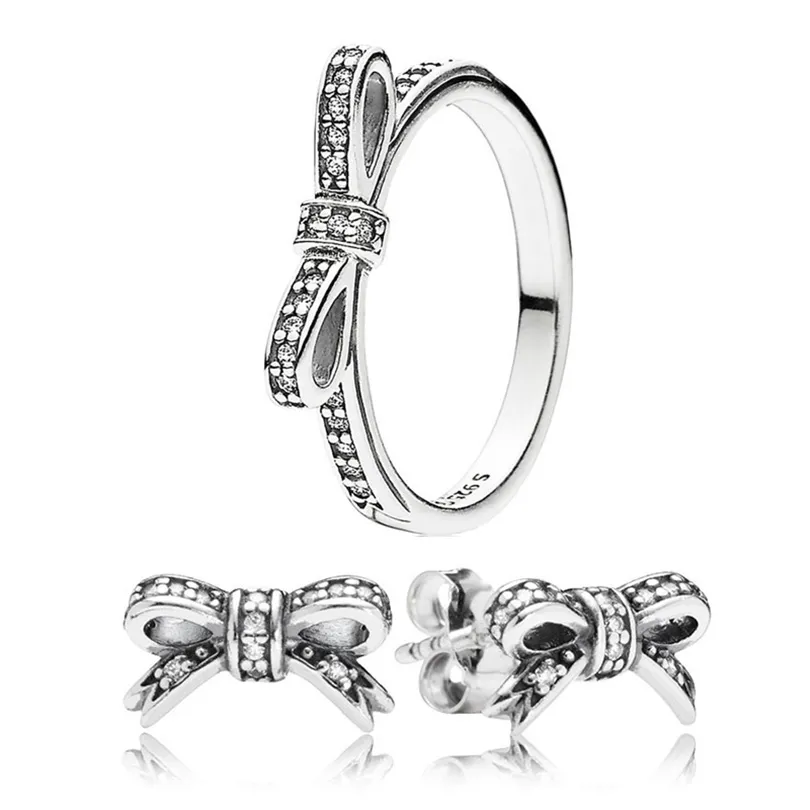 Classic Bow Stud Earrings and Ring Set for Pandora 925 Sterling Silver designer Jewelry For Women Girls Crystal Diamond Luxury Party Earring Rings with Original Box